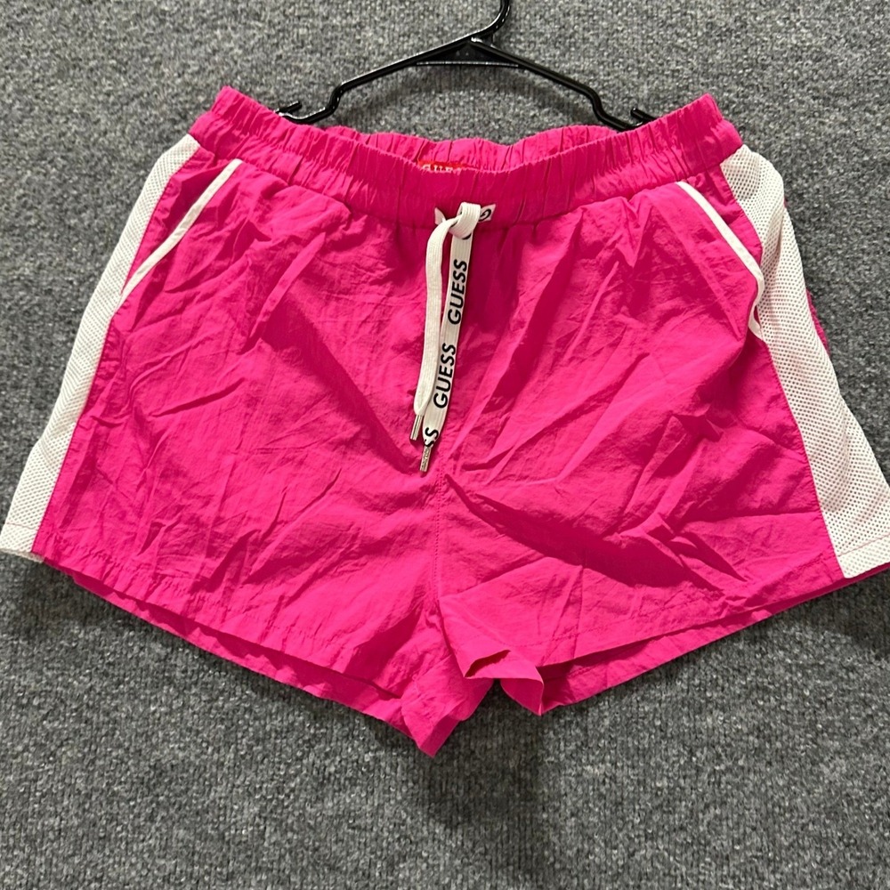 Guess Shorts Womens Size M Pink Nylon Mesh Side Logo Drawstring Athletic Sporty
